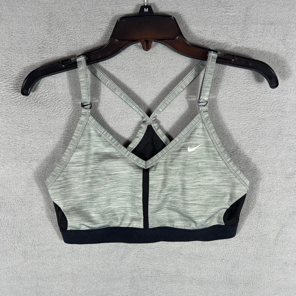 Nike Womens Sports Bra L Green Space Dye Racerback Strappy V-Neck Swoosh Logo